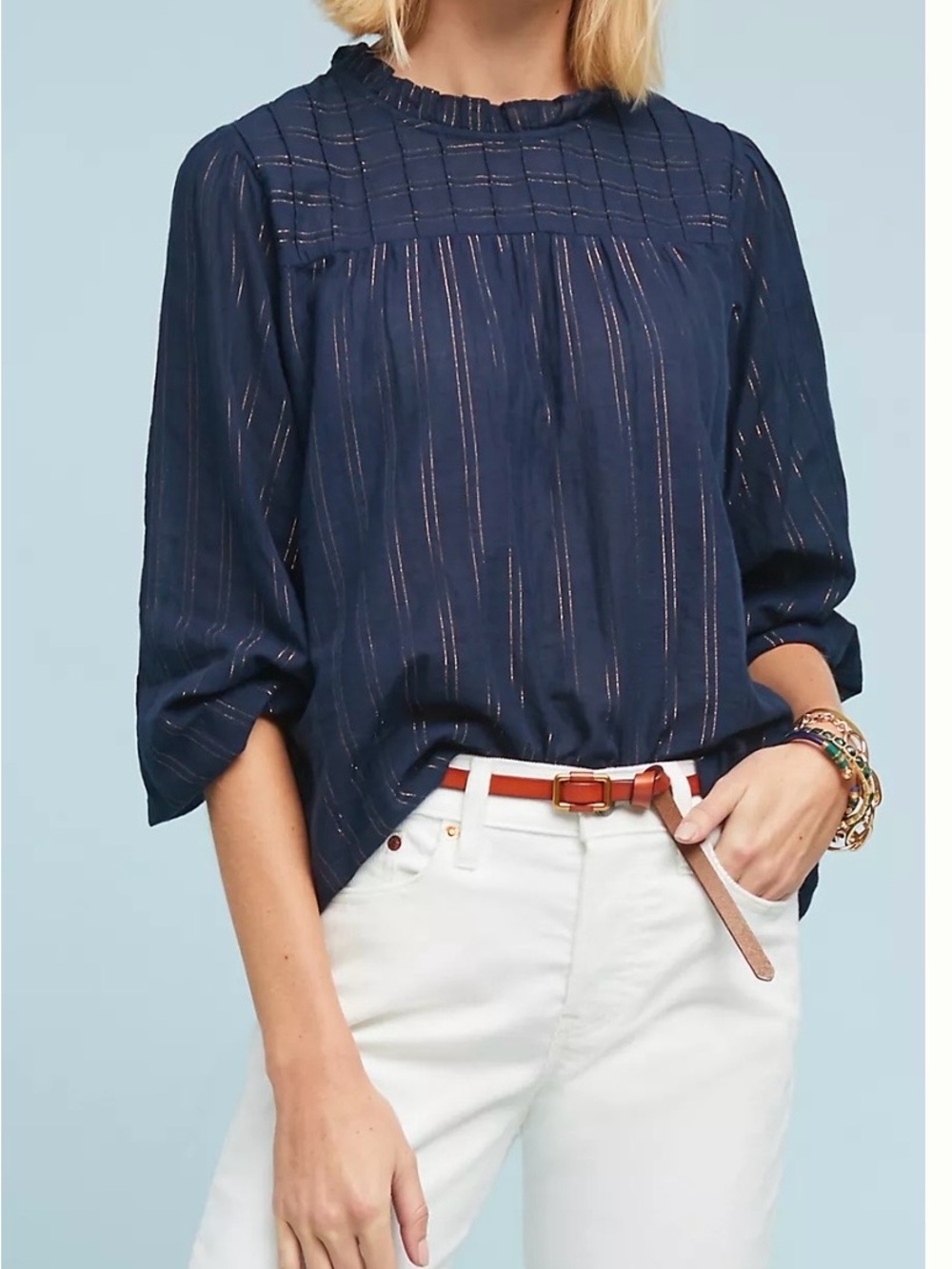 Anthropologie Maeve Reston Navy Metallic Stripe Ruffled Blouse Top Size S